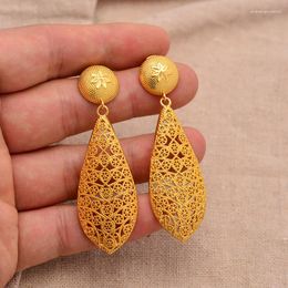 Stud Earrings 24K Fashion For Women Yellow Gold Colour Rarrings Vintage Long Drops Round Hollow Jewellery Ethnic Wide Female