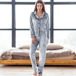 Women's Sleepwear Hiloc Pocket Velvet Turn Down Collar Velour Pajamas For Women Nightwear Trouser Suits Winter Sets Womens Outfits Warm