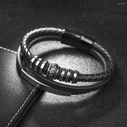Charm Bracelets Goth Punk Cool Black Stainless Steel Beads Decoration 3 Layer Hand-Woven Leather Bracelet Jewellery Men Trendy