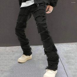 Men's Jeans Men Black Streetwear Slim Fit Ripped Denim Solid Color Burr Edge Straight Leg Pants For Hip Hop Trousers