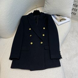 2023 Autumn Black Solid Colour Wool Tweed Blazers Long Sleeve Notched-Lapel Buttons Double-Breasted Outwear Coats A3G116562