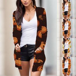 Women's Jackets Women Fall Halloween Cardigan Skeleton Pumpkin Print Coat Casual Mid Length Party Thin Jacket Womens Sweaters Cardigans