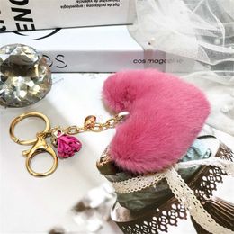 Keychains Lanyards 2022 New Lovely Heart Keychains Women's Pom Poms Faux Rex Rabbit Fur Ball Key Chains Girl Bag Hang Car Key Ring Pendant