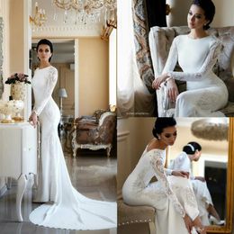 2019 Modest Mermaid Wedding Dresses Lace Appliqued Beaded Berta Sweep Train Boho Wedding Dress Bridal Gowns Plus Size Sleeves abit225L