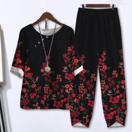 Women's Two Piece Pants Trendy Casual Outfit Skin-touching T-shirt Trousers Set Half Sleeve Women Colourful Floral Print Wide Leg Workwear