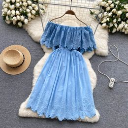 Basic Casual Dresses 2024 Korea Chic French Ruffled A-line Dress Women Slash Neck Summer Slim Holiday Party Clothes Vestidos Elegantes Para Mujer