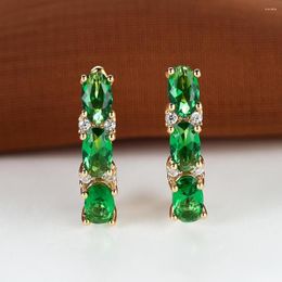 Hoop Earrings Single Row Oval Green Stone For Women Gold Color Metal Vintage Small Ear Buckle Bridal Wedding Birthday Jewelry