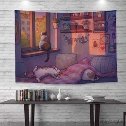 Tapestries Style Illustration Cat Background Cloth Cure Dormitory Bedside Tapestry Bedroom Computer Room Background Wall Decoration R230812