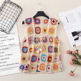 Women's Vests High Quality Designer Handmade Crochet Vest Womens Retro Sleeveless Jacket Cardigan Boho Beach Embroidery Waistcoat Coat HKD230812