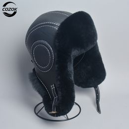 Beanie/Skull Caps Men100% Natural Rex Rabbit Fur Bomber Hats Winter Russian Man Warm Real Sheepskin Leather Hat Male Real Fur Caps 230811