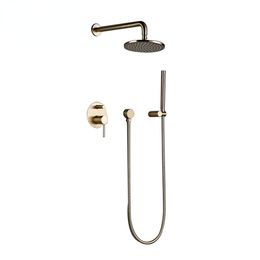 Faucet Bath Bathroom Solid Brass Brushed Gold Head Rianfall Wall-Mount Arm Hot And Cold Mixer Diverter Shower Set