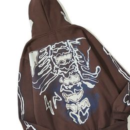 Y2K Fashion Large Brown Vintage Zipper Hoodie Gothic Men's Junk Street Wear Winter Men's Skeleton Print Top