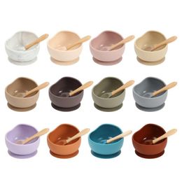 Cups Dishes Utensils Baby Sile Feeding Set Wooden Spoon Suction Bowl Plate Kids Toddler Assist Tableware Bpa High Quality Lj20111 Dhdqy