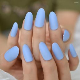 False Nails 24pcs Oval Fake Matte Blue Frosted Press On Medium Long Faux Ongles Full Tips Finger Easy Wear