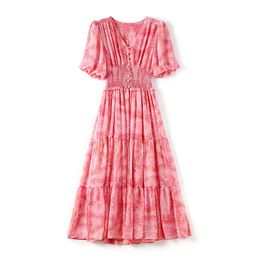 2023 Summer Pink Floral Print Dress Short Sleeve V-Neck Buttons Midi Casual Dresses W3Q064506