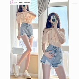 Women's Tracksuits French Sweet And Unique Ruffle Off Shoulder Design Hanging Neck Shirt Denim Pants Gentle Style Set