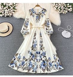 Basic Casual Dresses 2024 Spring Summer Vintage Flowers Print Mid-Length Women Dress Waist Lace-Up Long Sleeve O Neck Ladies Dresses Vestidos Red Yellow