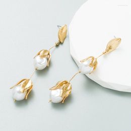 Dangle Earrings Fashion Trend Long Leaf Flower White Pearls Earring For Women Bridal Wedding Pearl Jewelry
