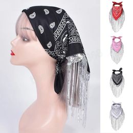 Sequins Bling Silver Tassel Scarves For Women Head Scarf Fringe Bandanas Neckerchief Hip Hop Paisley Headband Vintage Shawl