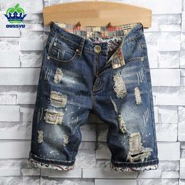 2023 Summer Men's Hole Denim Shorts Men Fashion Casual Straight Fit Ripped Retro Biker Style Short Jeans Brand Clothing 40 HKD230812