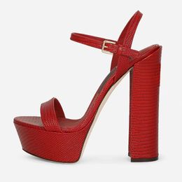 Lizard Cowhide waterproof platform sandals women Chunky Heel Gold Red wedding shoes Designer Fashion Ankle Strap Dress shoes 150mm High-heeled party Evening shoes