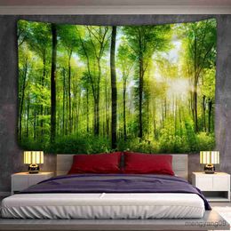 Tapestries Sunshine Green Forest Tapestry Wall Hanging Landscape Art Aesthetics Room Bedroom Living Room Decor Background Fabric R230812