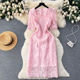 Basic Casual Dresses 2024 Summer Elegant Flower Embroidery Dress Women Solid Colour Short Puff Sleeve Square Collar Mesh Lace Up Party Midi Vestidos