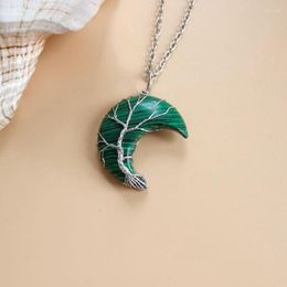 Pendant Necklaces FYJS Unique Silver Plated Wire Wrap Crescent Moon Malachite Stone Link Chain Necklace Blue Turquoises Jewellery