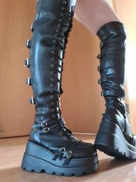 Boots Brand Design Big Size 43 Shoelaces Cosplay Motorcycles Boots Buckles Platform Wedges High Heels Thigh High Boots Women Shoes 230811