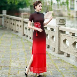 Ethnic Clothing 2023 Chinese Vintage Dress Improved Cheongsam National Flower Embroidery Gradient Color Oriental Banquet Evening