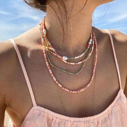 Chains Colorful Natural Stone Cute Necklace For Women Beach Holiday Jewelry Stainless Steel Chain Pink Romantic Pearl Choker Fine Gift