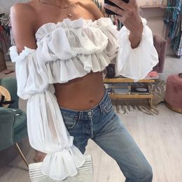 Women's Blouses Fashion Women Chiffon Off Shoulder Crop Top Ladies Long Puff Sleeve Pure Colour Blouse Shirts Summer Stylish Slash Neck Tops