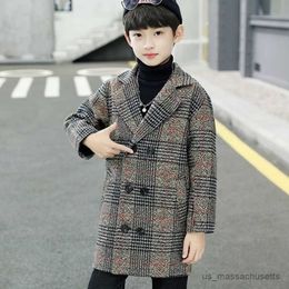 Jackets Kids Winter Grid Jackets Baby Boys Trench Coat Lapel Plaid Autumn Kids Outerwear Double Breasted Coats Wool Coat Overcoat R230812