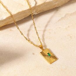 Pendant Necklaces French Vintage Green Zircon Inlaid Chopped Rectangular Necklace INS Style Stainless Steel Girl Women's Pendants