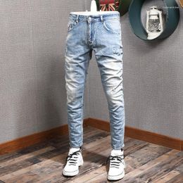 Men's Jeans Streetwear Fashion Men Retro Light Blue Elastic Slim Ripped Patches Designer Vintage Casual Denim Pants Hombre