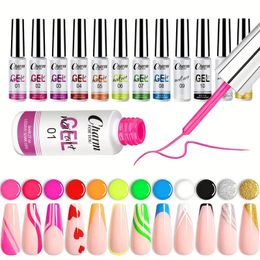 Gel Liner Nail Art 12 Colours Neon Painting Gel Liner Gel For Nails Art, Pink Yellow Green Gel Drawing Nail Gel Wire Pulling Gel Set Manicure Tools Kit