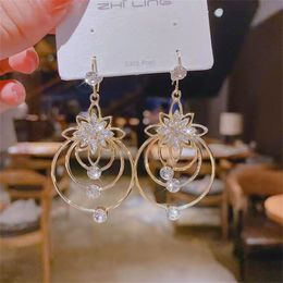 Pendant Necklaces Luxury Zircon Lotus Flower Earrings for Women Crystal Rose Ear Hook Korea Design Fashion Jewellery Wedding Party Gift 230811