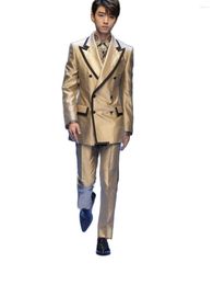 Men's Suits Yellow Satin Double Breasted Men Slim Fit 2Pieces Blazer Trousers Tuxedos For Party Prom Wedding (Jacket Pants)