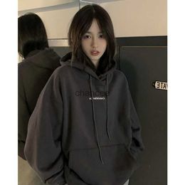 Fashion Dark Grey Hoodie Fleece Thicken Sweatshirt Long Sleeve Korean Letter Printing Baggy Female Tops Pullover Hoodie Autumn HKD230725