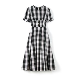 2023 Summer White / BlackPlaid Dress Short Sleeve Round Neck Buttons Midi Casual Dresses W3Q064701