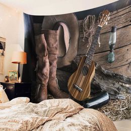 Tapestries Western Cowboy Guitar Hat Leather Boots Tapestry Wall Hanging Home Wall Decor Blanket Bedroom Tapestry Yoga Mat