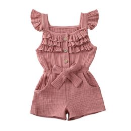 Rompers soft cotton bow decor ruffle short sleeve kids girl overalls summer beach toddler baby girl buttons jumpsuit playsuit rompers 230812