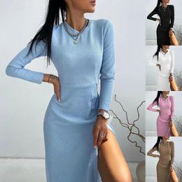 Casual Dresses 2023 Autumn And Winter Slim Fit Solid Round Neck Long Sleeve Pit Striped Split Style Commuter Bottom Shirt Women's Dress