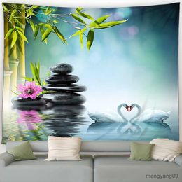 Tapestries Garden Landscape Tapestry Green Bamboo Lotus Swan Black Spa Scenery Fabric Home Living Room Decor Wall Hanging R230812