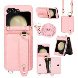 Shoulder Lychee Grain Leather Vogue Phone Case for Samsung Galaxy Folding Z Flip5 Flip3 Flip4 5G Wristband Card Slot Wallet Bracket Fold Shell with Hinge Protection