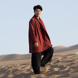 Men's Jackets Chinese Tang Suit Ancient Style Hanfu Clothing Cotton Linen Cloak Coat Retro Zen Taoist Robe Gown 4XL