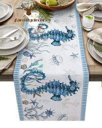 Table Runner Mediterranean Style Ocean Starfish Seahorse Stripes Table Runner Home Wedding Table Mat Centerpieces Decor Dining Tablecloth 230811