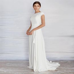 Simple A-line Crepe Wedding Dress Modest With Cap Sleeves High Neck Sweep Train Women Informal Boho Beach Bridal Gowns Bride Robe 253v