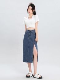 Skirts Summer Straight Side Split Mid-Long Denim Women High Waist Pockets Slim Jeans Bottoms Jupe 15087