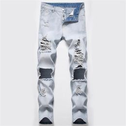 Men's Jeans Street Personality With Big Holes Hipster Men White Jean Cut Straight Fit Pants E Stretch Clothes For